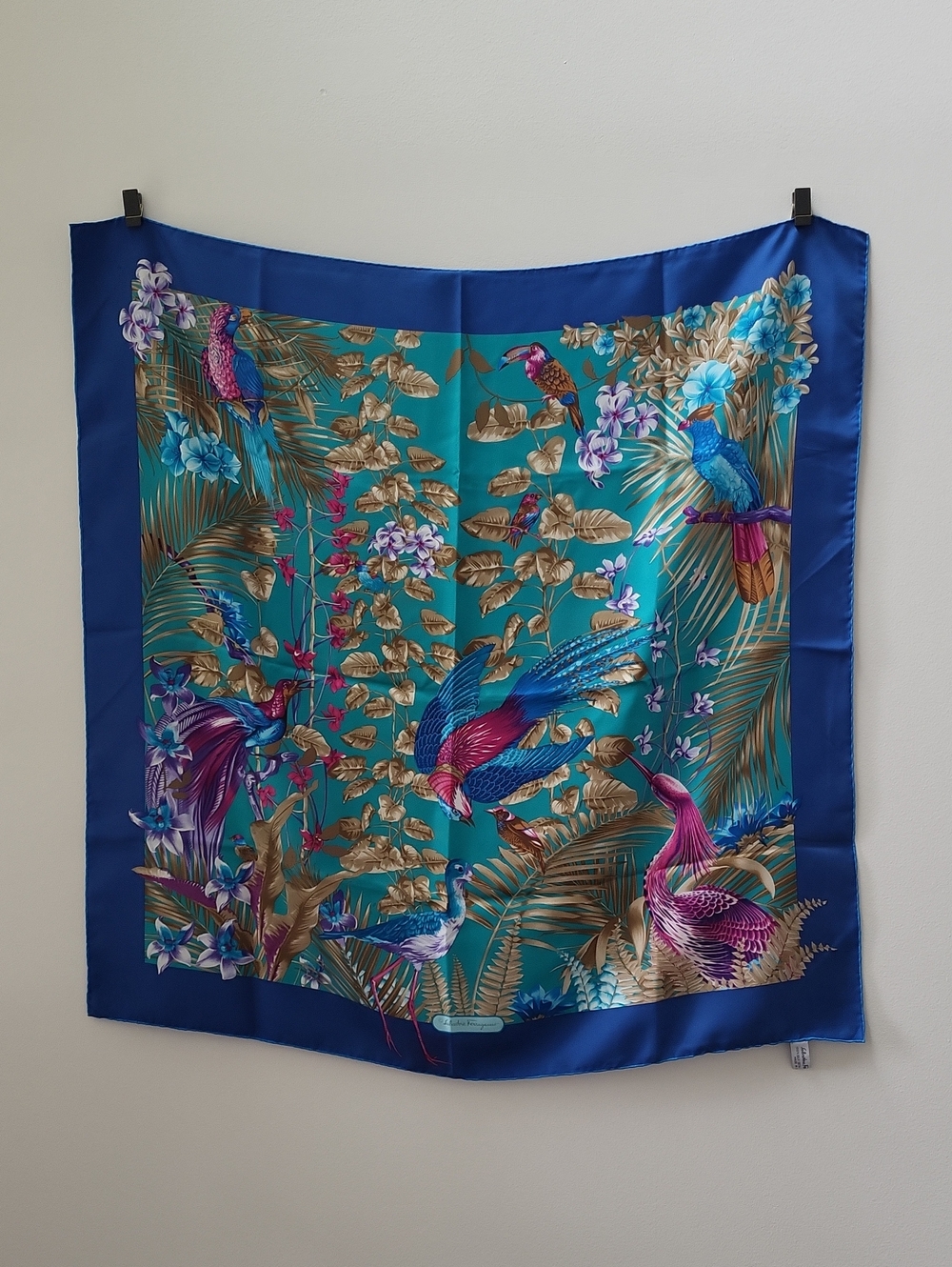 Salvatore Ferragamo Teal Blue Tropical Bird Silk Scarf 90x90